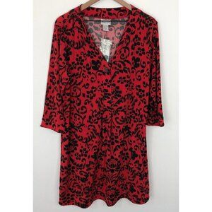 Chicos Tula Shirt Dress Women 3 XL Ancient Swirl Tomato Black Midi V-Neck New